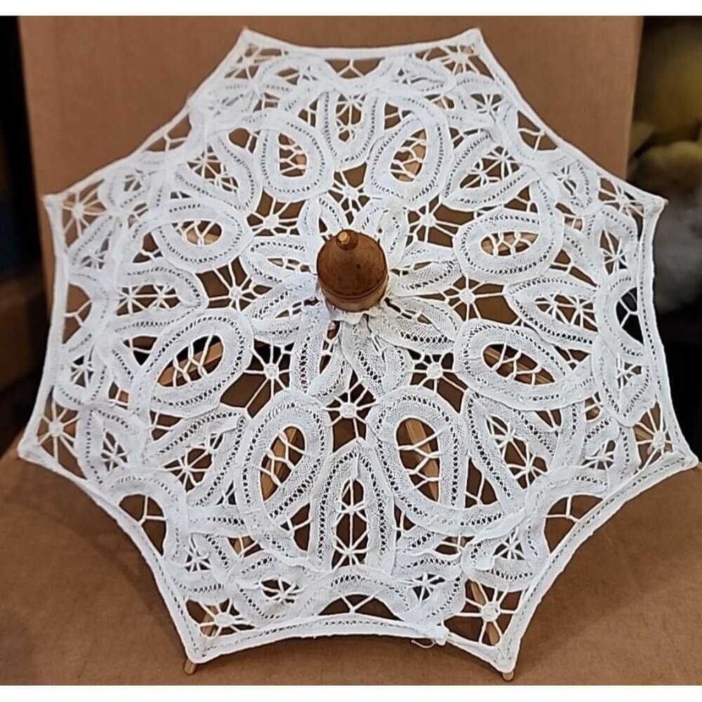 Parasol/Umbrella DOLL 9" Battenburg Lace TYPE Wood~8 SECTIONS GORGEOUS LACE - Picture 1 of 11